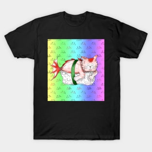 sushi cat on a pale rainbow background T-Shirt